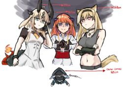  1other 3girls animal_ears arknights astrograph21 bagpipe_(arknights) bare_shoulders black_choker black_gloves black_hairband blonde_hair choker commentary crop_top doctor_(arknights) dress flame-tipped_tail gloves green_eyes grey_tank_top hairband horn_(arknights) horns long_hair looking_at_viewer midriff multiple_girls navel orange_hair palm-fist_greeting purple_eyes red_eyes reed_(arknights) reed_the_flame_shadow_(arknights) shirt short_sleeves stomach tail tank_top white_dress white_shirt wolf_ears wolf_girl wolf_tail 