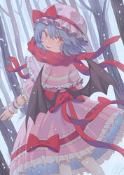  bat_wings blue_hair bow commentary dress fat123 female frilled_shirt frilled_sleeves frills hat hat_ribbon highres looking_at_viewer looking_back mob_cap oerba_yun_fang photoshop_(medium) pink_dress red_bow red_eyes red_ribbon remilia_scarlet ribbon sash shirt short_hair snow touhou tree wings wrist_cuffs 