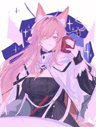  animal_ears arknights black_dress capelet commentary cup dress earmuffs female hand_up highres holding holding_cup long_hair long_sleeves looking_at_viewer mug official_alternate_costume one_eye_closed pink_eyes pink_hair pozyomka_(arknights) pozyomka_(snowy_plains_in_words)_(arknights) solo strapless strapless_dress upper_body very_long_hair weeiskaw white_capelet wolf_ears 