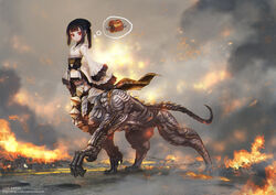  absurdres black_hair centauroid chinese_commentary commentary_request dress female fire food frilled_dress frills full_body highres len_brew looking_at_viewer meat mecha nagai_gojitsudan_no_nechronica original panties red_eyes robot smoke solo tabletop_rpg taur thought_bubble underwear 