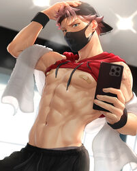  1boy abs arm_tattoo backwards_hat bandaid bandaids_on_nipples bara bare_pectorals baseball_cap black_shorts blue_eyes brown_hair cellphone clothes_lift covered_nipples dan_(mondi_hl) earrings hand_on_own_head hat highres holding holding_phone hood hood_down hoodie hoodie_lift jewelry large_pectorals male_focus mask mondi_hl mouth_mask muscular muscular_male navel navel_hair original pasties pectorals phone red_hoodie short_hair shorts sleeveless sleeveless_hoodie smartphone solo sparse_navel_hair tattoo towel towel_on_arm twitter_username wristband 