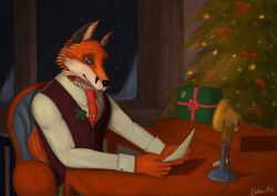  anthro blue_eyes canid canine christmas christmas_tree clothed clothing dobie-ace fox fully_clothed gift holding_object holidays holly_(plant) male mammal necktie paper plant red_fox sitting snow solo tree true_fox 