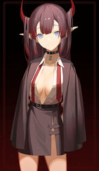  arms_behind_back bad_id bad_twitter_id black_background blue_eyes breasts brown_hair choker cleavage coat coat_on_shoulders commission embers female gradient_background gradient_hair hair_on_horn highres horns long_hair long_pointy_ears looking_at_viewer multicolored_hair necktie open_clothes open_shirt original pointy_ears red_background red_hair red_horns skeb_commission skirt smile solo tsuki-shigure two-tone_hair 