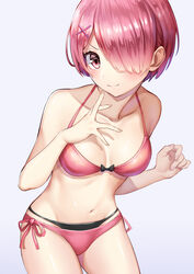  bare_shoulders bikini black_bikini collarbone commentary_request ebinomi female hair_ornament hair_over_one_eye highres looking_at_viewer navel pink_bikini pink_hair ram_(re:zero) re:zero_kara_hajimeru_isekai_seikatsu short_hair side-tie_bikini_bottom simple_background smile solo swimsuit white_background x_hair_ornament 