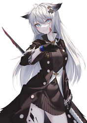  absurdres ahoge animal_ears arknights black_coat black_gloves black_knight blood blood_on_face blue_eyes breasts buttons coat cowboy_shot dress english_commentary female gloves grin hair_between_eyes hair_ornament hand_up high_collar highres holding holding_weapon jewelry korean_commentary lappland_(arknights) lappland_(refined_horrormare)_(arknights) long_hair looking_at_viewer material_growth medium_breasts mixed-language_commentary necklace open_clothes open_coat oripathy_lesion_(arknights) scar scar_on_face sharp_teeth simple_background skull_necklace smile solo standing sweater sweater_dress teeth thighs weapon white_background white_hair wolf_ears wolf_girl 