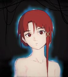  asymmetrical_hair bad_id bad_pixiv_id bare_shoulders brown_eyes brown_hair closed_mouth commentary dorothy_xi female hair_ornament hairclip iwakura_lain looking_at_viewer parted_bangs serial_experiments_lain short_hair simple_background solo x_hair_ornament 