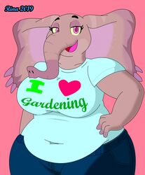  anthro bottomwear clothing elephant elephantid female hi_res mammal pants proboscidean rina_martz sarah_fairhart shirt solo topwear 