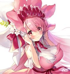  blush breasts commentary_request female flower flower_knight_girl hat hat_flower highres large_breasts looking_at_viewer neck_ribbon pink_hair piyoyanagi red_eyes ribbon signature simple_background solo upper_body verbascum_(flower_knight_girl) white_background 