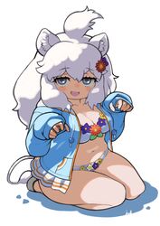  animal_ears big_hair bikini blue_eyes blue_hoodie blush female flower hair_flower hair_ornament highres hood hood_down hoodie kemono_friends kemono_friends_3 lion_ears lion_girl lion_tail long_hair long_sleeves looking_at_viewer official_alternate_costume open_clothes open_hoodie paw_pose pleated_skirt rinx sandals seiza sitting skirt solo swimsuit tail white_bikini white_hair white_lion_(kemono_friends) white_skirt 