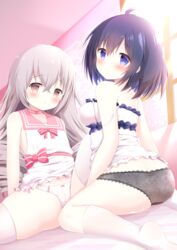  2girls ahoge ass bare_shoulders bed_sheet black_hair black_panties blue_eyes blue_hair blush bow bow_panties breasts bronya_zaychik brown_eyes camisole closed_mouth commentary english_commentary engrish_commentary flat_chest frilled_camisole frilled_shirt frills grey_hair hair_between_eyes honkai_(series) honkai_impact_3rd indoors long_hair looking_at_viewer looking_back medium_breasts multicolored_hair multiple_girls no_shoes panties red_bow renew_vivi ringlets seele_vollerei shirt sitting sleeveless sleeveless_shirt smile socks soles striped striped_bow thighhighs two-tone_hair underwear very_long_hair wariza white_camisole white_legwear white_panties white_shirt window 