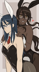  2girls animal_ears bad_id bad_twitter_id black_leotard blue_eyes blue_hair brown_eyes brown_hair commentary cowboy_shot dark-skinned_female dark_skin detached_collar drill_(emilio) glasses highres leotard long_hair multiple_girls myra_(drill_(emilio)) necktie original pantyhose playboy_bunny rabbit_ears rabbit_tail red_necktie semi-rimless_eyewear sidelocks strapless strapless_leotard tail 