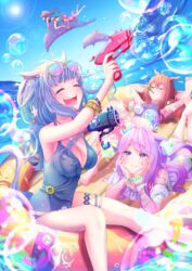  5girls animal_ears arm_garter arms_behind_head barefoot bikini black_bikini blowing_bubbles blush bracelet breasts brown_hair bubble bubble_gun bubble_pipe casual_one-piece_swimsuit cleavage closed_eyes closed_mouth dolphin dress eyewear_on_head feet feet_out_of_frame gold_ship_(run_revolt_launcher)_(umamusume) gold_ship_(umamusume) hair_ornament highres horse_ears horse_girl horse_tail jewelry kongariinu legs_up lens_flare long_hair lying maruzensky_(blasting_off_summer_night)_(umamusume) maruzensky_(umamusume) medium_breasts mejiro_mcqueen_(ripple_fairlady)_(umamusume) mejiro_mcqueen_(umamusume) multiple_girls nakayama_festa_(entrust_myself_to_the_dice)_(umamusume) nakayama_festa_(umamusume) necklace ocean official_alternate_costume on_back on_stomach one-piece_swimsuit outdoors purple_hair raft riding riding_animal sakura_chiyono_o_(sakura_hearts_are_super_good_hearts)_(umamusume) sakura_chiyono_o_(umamusume) sitting smile soles sunglasses swimsuit tail teeth the_pose thigh_strap toes umamusume upper_teeth_only water white_dress 