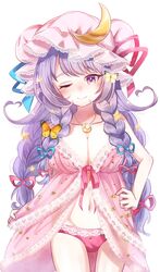  ;) alternate_hairstyle ametama_(runarunaruta5656) babydoll blue_ribbon braid breasts bug butterfly cleavage closed_mouth commentary cowboy_shot crescent crescent_necklace crescent_pin female hair_ribbon hat highres jewelry large_breasts long_hair looking_at_viewer mob_cap multi-tied_hair navel necklace one_eye_closed panties patchouli_knowledge pink_eyes pink_hat pink_panties purple_hair red_ribbon ribbon simple_background smile solo standing star_(symbol) star_print touhou twin_braids underwear white_background 