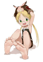  :d absurdres aomoro armpits backless_shirt bare_legs bare_shoulders barefoot blonde_hair brown_shirt brown_shorts collarbone creature creature_on_head feet female foot_focus fur glasses green_eyes highres long_hair looking_at_viewer low_twintails made_in_abyss meinya_(made_in_abyss) open_mouth parted_bangs riko_(made_in_abyss) scar scar_on_cheek scar_on_face shadow shirt short_shorts shorts signature simple_background sitting smile soles toes twintails whistle whistle_around_neck white_background 