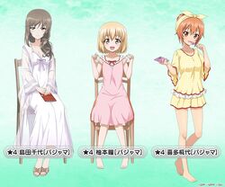  3girls artist_request bandana bare_legs barefoot blonde_hair blush bow breasts brown_eyes brown_footwear brown_hair candy cellphone chair character_name cleavage collarbone dress food frills full_body girls_und_panzer girls_und_panzer_little_army girls_und_panzer_senshadou_daisakusen! green_background hands_on_lap holding holding_candy holding_food holding_jewelry holding_lollipop holding_necklace holding_phone jewelry kita_kabayo lace-trimmed_dress lace_trim legs lollipop long_hair long_sleeves looking_at_viewer multiple_girls necklace nightgown official_art open_mouth orange_eyes orange_hair pajamas phone pink_dress pocketbook purple_bow red_bow sandals second-party_source see-through shimada_chiyo short_hair short_sleeves sitting sleepwear sleeveless sleeveless_dress smile standing thighs white_nightgown yellow_eyes yellow_pajamas yuzumoto_hitomi 