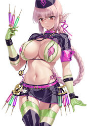  belt between_fingers bikini bikini_under_clothes black_footwear black_hat black_skirt boots braid breasts cleavage closed_mouth cowboy_shot elbow_gloves fate/grand_order fate_(series) female florence_nightingale_(fate) florence_nightingale_(trick_or_treatment)_(fate) garter_straps gloves green_bikini green_gloves green_thighhighs hammerman_benkei hat highres holding holding_syringe id_card large_breasts latex latex_bikini latex_gloves latex_thighhighs layered_bikini long_hair looking_at_viewer miniskirt navel official_alternate_costume pencil_skirt pink_bikini pink_hair pink_ribbon red_eyes ribbon short_sleeves shrug_(clothing) side-tie_bikini_bottom simple_background single_braid skirt solo stomach swimsuit syringe thigh_boots thigh_gap thighhighs thighhighs_under_boots very_long_hair white_background zettai_ryouiki 