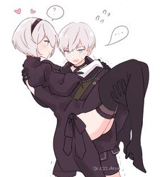  ... 1boy 2b_(nier:automata) 9s_(nier:automata) ? arms_around_neck ass back_cutout black_bow black_choker black_dress black_gloves black_hairband black_ribbon black_shorts blue_eyes bob_cut boots bow carrying carrying_person choker closed_eyes closed_mouth clothing_cutout commentary dinikee dress english_commentary feather-trimmed_sleeves feather_trim female flying_sweatdrops gloves hair_between_eyes hairband heart heavy high_heel_boots high_heels highres juliet_sleeves long_sleeves looking_at_viewer looking_away nier:automata nier_(series) no_blindfold open_mouth princess_carry puffy_sleeves ribbon short_hair shorts shoulder_strap shy simple_background smile speech_bubble spoken_ellipsis spoken_question_mark struggling sweatdrop thigh_boots thighhighs thighhighs_under_boots thighs trembling twitter_username white_background white_hair 