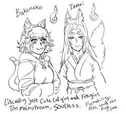  2girls :3 animal_ears bad_id bakeneko bb_(baalbuddy) cat_ears cat_tail character_name closed_eyes closed_mouth commentary english_commentary english_text facial_mark fox_tail greyscale hands_in_opposite_sleeves highres inactive_account inari long_hair monochrome multiple_girls original simple_background slit_pupils smile tail traditional_youkai whisker_markings white_background 