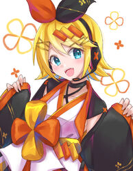  black_bow black_sleeves blonde_hair blue_eyes bow cherry_blossom_print commentary detached_sleeves female floral_print hair_ornament hairbow hairclip headphones headset highres japanese_clothes kagamine_rin kimono looking_at_viewer magical_mirai_(vocaloid) magical_mirai_rin magical_mirai_rin_(2020_summer) open_mouth orange_bow short_hair sleeves_past_wrists smile solo supo01 swept_bangs two-tone_bow upper_body vocaloid white_kimono 