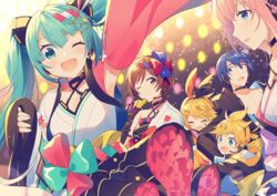  2boys 4girls aqua_eyes aqua_hair asymmetrical_sleeves bare_shoulders blue_hair brown_hair choker closed_eyes commentary criss-cross_halter fireworks frilled_skirt frills hair_ornament halterneck hatsune_miku headphones headset japanese_clothes kagamine_len kagamine_rin kaito_(vocaloid) kimono lantern long_hair looking_at_another looking_at_viewer magical_mirai_(vocaloid) magical_mirai_kaito magical_mirai_kaito_(2020_summer) magical_mirai_len magical_mirai_len_(2020_summer) magical_mirai_luka magical_mirai_luka_(2020_summer) magical_mirai_meiko magical_mirai_meiko_(2020_summer) magical_mirai_miku magical_mirai_miku_(2020_summer) magical_mirai_rin magical_mirai_rin_(2020_summer) megurine_luka meiko_(vocaloid) mismatched_sleeves multiple_boys multiple_girls one_eye_closed open_mouth outstretched_arm pink_hair pink_sleeves short_hair sinaooo skirt smile twintails very_long_hair vocaloid waving white_kimono white_sleeves yukata 