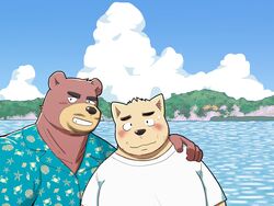  2023 4:3 anthro bear black_nose blush brown_body clothing cloud detailed_background duo hi_res kemono kick_(artist) male male/male mammal outside overweight overweight_male portrait shirt topwear water 