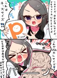  &gt;_&lt; blush brand_name_imitation breasts check_translation cleavage commentary_request female glasses grey_hair highres hood hoodie kson kson_(person) long_hair medium_breasts open_clothes open_mouth pizza_box pointing purple_eyes real_life sakuramochi_(sakura_frappe) translation_request white_hoodie 