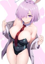  absurdres animal_ears between_breasts black_leotard blush bow bowtie breasts covered_navel curio_(curiofinity) detached_collar fake_animal_ears fate/grand_order fate_(series) female highleg highleg_leotard highres jacket large_breasts leotard light_purple_hair looking_at_viewer mash_kyrielight necktie necktie_between_breasts open_clothes open_jacket playboy_bunny purple_eyes rabbit_ears rabbit_tail short_hair smile solo strapless strapless_leotard tail wrist_cuffs 