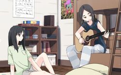  2girls acoustic_guitar akebi-chan_no_serafuku bed bookshelf bromide bunk_bed guitar hebimori_oshizu indoors instrument looking_at_another looking_at_object multiple_girls music playing_instrument shiroshi_(denpa_eshidan) togano_mai wooden_floor 