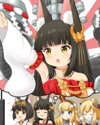  4girls :d ^_^ animal_ear_fluff animal_ears azur_lane bare_shoulders black_hair black_hairband blonde_hair blue_eyes blush bow closed_eyes commentary_request crown cup detached_sleeves dress emphasis_lines flat_screen_tv fork fox_ears gloves hair_ears hair_ornament hairband hairbow headgear headpiece holding holding_cup holding_fork japanese_clothes kimono long_hair long_sleeves machinery mini_crown mitya multiple_girls mutsu_(azur_lane) nagato_(azur_lane) open_mouth outstretched_arm queen_elizabeth_(azur_lane) red_dress short_hair sleeveless sleeveless_kimono smile sparkle steam strapless strapless_dress striped_clothes striped_hairband sunburst sunburst_background television thought_bubble tilted_headwear twitter_username v-shaped_eyebrows warspite_(azur_lane) white_bow white_gloves white_kimono white_sleeves wide_sleeves yellow_eyes 