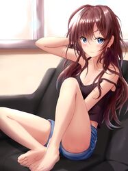  :3 absurdres ahoge bare_arms bare_legs bare_shoulders barefoot black_tank_top blue_eyes breasts brown_hair cleavage commentary_request couch denim denim_shorts feet female hand_on_own_head highres ichinose_shiki idolmaster idolmaster_cinderella_girls knee_up long_hair looking_at_viewer masuku_(saint_mask) shorts sitting soles solo spaghetti_strap tank_top toes wavy_hair 