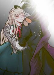  animal_on_shoulder bandaged_arm bandages black_bow black_hair black_jacket blonde_hair bow bowtie cham-p comforting commentary_request crying danganronpa_(series) danganronpa_2:_goodbye_despair dress female from_behind gradient_background green_dress grey_background hairbow hamster hamster_on_shoulder hand_on_another&#039;s_face highres jacket jum-p korean_commentary long_hair looking_at_another maga-g multicolored_hair puffy_short_sleeves puffy_sleeves purple_scarf red_bow scarf short_hair short_sleeves sonia_nevermind sun-d tanaka_gundham tears umsotasty wiping_tears 