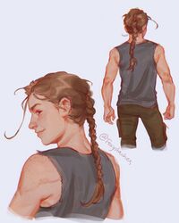  abby_(the_last_of_us) bare_arms braid brown_eyes brown_hair cowboy_shot facing_away female foxystaches freckles grey_pants grey_shirt highres long_hair looking_back multiple_views muscular muscular_female pants shirt smile the_last_of_us_(series) the_last_of_us_2 torn_clothes torn_sleeves twitter_username upper_body white_background 