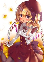  bad_id bad_pixiv_id beret black_pantyhose blonde_hair blush bow breasts center_frills commentary_request crystal female flandre_scarlet frills ginkgo_leaf hair_between_eyes hairbow hat high-waist_skirt high_heels highres honoka_chiffon leaf long_hair long_sleeves oerba_yun_fang one_side_up open_mouth pantyhose pleated_skirt purple_bow red_bow red_eyes red_footwear red_hat red_skirt shirt shoes sitting skirt small_breasts solo tilted_headwear touhou wariza white_shirt wings 