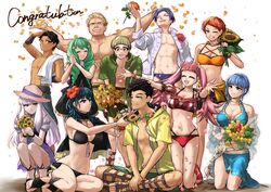  5boys 6+girls :d alternate_costume bikini black_bikini blue_bikini blue_hair breasts brown_hair byleth_(female)_(fire_emblem) byleth_(female)_(summer)_(fire_emblem) byleth_(fire_emblem) claude_von_riegan cleavage closed_eyes cyril_(fire_emblem) fire_emblem fire_emblem:_three_houses fire_emblem_heroes flayn_(fire_emblem) flower flower_necklace green_hair grin hat highres hilda_valentine_goneril hilda_valentine_goneril_(summer) ignatz_victor jewelry leonie_pinelli leonie_pinelli_(summer) lorenz_hellman_gloucester lorenz_hellman_gloucester_(summer) lysithea_von_ordelia male_swimwear marianne_von_edmund marianne_von_edmund_(summer) multiple_boys multiple_girls necklace official_alternate_costume one-piece_swimsuit open_clothes open_mouth orange_bikini pink_bikini pink_hair raphael_kirsten sarong smile swim_briefs swimsuit white_background white_hair yuki_cryp_a 