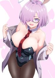  absurdres animal_ears between_breasts black_leotard blue_leotard blush bow bowtie breasts brown_pantyhose cleavage covered_navel curio_(curiofinity) detached_collar fake_animal_ears fake_tail fate/grand_order fate_(series) female glasses hair_over_one_eye highleg highleg_leotard highres jacket large_breasts leotard light_purple_hair looking_at_viewer mash_kyrielight medium_hair necktie necktie_between_breasts open_clothes open_jacket pantyhose playboy_bunny purple_eyes rabbit_ears rabbit_tail smile solo strapless strapless_leotard tail tight_clothes traditional_bowtie wrist_cuffs 