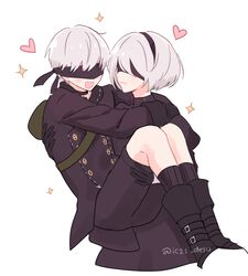  1boy 2b_(nier:automata) 9s_(nier:automata) :d arms_around_neck bag black_blindfold black_choker black_dress black_footwear black_gloves black_hairband black_socks black_thighhighs blindfold blush bob_cut boots carrying carrying_person choker closed_mouth commentary covered_eyes cropped_torso dinikee dress english_commentary facing_another feather-trimmed_sleeves female gloves hairband heart highres juliet_sleeves kneehighs long_sleeves mole mole_under_mouth nier:automata nier_(series) open_mouth princess_carry puffy_sleeves reverse_princess_carry ribbed_legwear short_hair shoulder_bag shoulder_strap simple_background smile socks sparkle thighhighs twitter_username white_background white_hair 