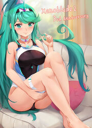  absurdres anniversary barefoot black_one-piece_swimsuit blurry blurry_background blush breasts character_name chest_jewel choker closed_mouth clothes_writing collarbone commentary competition_swimsuit copyright_name couch curtains day depth_of_field feet_out_of_frame female full_body gem green_eyes green_hair hair_ornament hairband hand_on_own_thigh hand_up heart heart-shaped_pillow high_ponytail highleg highleg_swimsuit highres horns impossible_clothes impossible_swimsuit indoors kiiro_kimi knees_up large_breasts legs_together light_smile long_hair on_couch one-piece_swimsuit pillow pneuma_(xenoblade) ponytail short_hair sideboob sidelocks single_horn sitting_on_hair skin_tight solo spoilers swept_bangs swimsuit taut_clothes taut_swimsuit thigh_strap thighs tree twirling_hair very_long_hair white_hairband window xenoblade_chronicles_(series) xenoblade_chronicles_2 