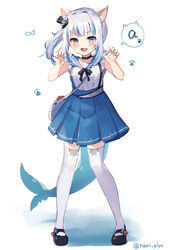  :d a_(phrase) absurdres animal_ears bag black_footwear blue_eyes blue_hair blue_nails blush cat_ears claw_pose female fins fish_tail full_body gawr_gura gawr_gura_(casual) grey_hair handbag highres hololive hololive_english multicolored_hair nail_polish piyoyanagi pleated_skirt shark_girl shark_tail sharp_teeth shoulder_bag side_ponytail simple_background skirt smile solo standing streaked_hair tail teeth thighhighs twitter_username virtual_youtuber white_background white_thighhighs 