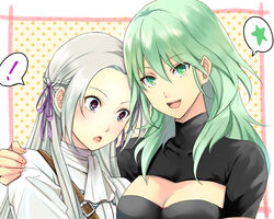  ! 2girls anzk232 arm_around_shoulder blush breasts byleth_(female)_(fire_emblem) byleth_(fire_emblem) cleavage cleavage_cutout clothing_cutout commentary edelgard_von_hresvelg enlightened_byleth_(female) fire_emblem fire_emblem:_three_houses green_eyes green_hair large_breasts long_hair looking_at_breasts multiple_girls open_mouth purple_eyes simple_background smile speech_bubble spoken_exclamation_mark spoken_star star_(symbol) yuri 