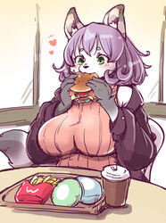  2020 anthro big_breasts breasts burger canid canine canis clothed clothing container cup eating female female_anthro food fries green_eyes hair kemono mammal purple_hair setouchi_kurage sitting solo sweater topwear wolf 