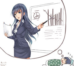  aged_up akatsuki_(kancolle) anatamo bar_graph black_eyes black_hair black_jacket black_skirt dated dreaming female formal futon graph graph_(object) ichininmae_no_lady id_card jacket kantai_collection long_hair office_lady one-hour_drawing_challenge pencil_skirt pie_chart pointer skirt skirt_suit sleeping solo suit suit_jacket twitter_username zzz 