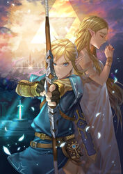  1boy arrow_(projectile) blonde_hair bow_(weapon) champion&#039;s_tunic_(zelda) commentary_request crossbow drawing_bow english_commentary female gloves green_eyes holding holding_bow_(weapon) holding_weapon karanashi_mari link long_hair looking_at_viewer master_sword mixed-language_commentary pointy_ears princess_zelda sheikah_slate short_hair the_legend_of_zelda the_legend_of_zelda:_tears_of_the_kingdom triforce weapon 