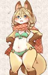  2020 anthro bikini blush canid canine clothed clothing countershading female female_anthro fox fur hair kemono mammal multicolored_body multicolored_fur scarf setouchi_kurage solo swimwear tan_hair white_body white_fur yellow_body yellow_fur 