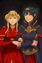  2girls alternate_costume alternate_hairstyle arm_hug brooch byleth_(female)_(fire_emblem) byleth_(fire_emblem) cape commentary dark_background double_bun edelgard_von_hresvelg fake_horns fire_emblem fire_emblem:_three_houses good_end green_hair hair_bun highres horned_headwear horns jewelry multiple_girls purple_eyes radiostarkiller ring scar smile symbol-only_commentary tiara upper_body white_hair 