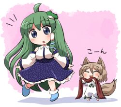  2girls ahoge animal_ears bare_shoulders barefoot blue_eyes blue_footwear blue_skirt blush boots closed_eyes detached_sleeves fox_ears fox_girl fox_tail frog_hair_ornament green_hair green_ribbons hair_between_eyes hair_ornament holding holding_clothes holding_scarf japanese_clothes kochiya_sanae ko~n kudamaki_tsukasa light_brown_hair long_hair multiple_girls nontraditional_miko open_mouth red_scarf ribbon rokugou_daisuke romper scarf short_hair signature skirt smile tail touhou translated unworn_scarf white_romper wide_sleeves 