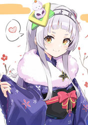  &gt;:) anbasa_(amaneyuz13) arched_bangs bad_id bad_pixiv_id blue_kimono blush female fur_scarf grey_hair hair_bun hairband heart hexagram_hair_ornament highres hololive japanese_clothes kagami_mochi kimono long_hair looking_at_viewer mochi_hair_ornament murasaki_shion murasaki_shion_(new_year) obi official_alternate_costume sash sidelocks single_side_bun smile solo spoken_heart upper_body v-shaped_eyebrows virtual_youtuber wide_sleeves yellow_eyes 