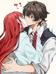  !? 1boy absurdres brown_eyes brown_hair closed_eyes clothes_grab collared_shirt dress_shirt fata_morgana_no_yakata female hair_between_eyes hair_down hand_on_another&#039;s_neck highres huixiaaa42305 jacopo_bearzatti kissing light_blush long_hair morgana_(fata_morgana_no_yakata) necktie red_hair red_necktie shirt simple_background sleeves_rolled_up straight surprise_kiss surprised sweatdrop white_background white_shirt wide-eyed 