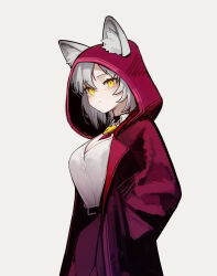  animal_ear_fluff animal_ears arknights breasts cleavage closed_mouth coat cowboy_shot ears_through_hood female grey_background grey_hair grey_shirt hand_in_pocket highres hood hood_up hooded_coat long_sleeves looking_at_viewer open_clothes open_coat pink_coat pink_skirt projekt_red_(arknights) shirt short_hair simple_background skirt solo standing yellow_eyes yoon_cook 