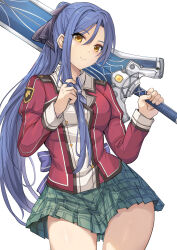  blue_hair breasts closed_mouth commentary_request eiyuu_densetsu female green_skirt hair_between_eyes high_ponytail highres holding holding_sword holding_weapon large_breasts laura_s._arseid looking_at_viewer plaid_clothes plaid_skirt pleated_skirt sen_no_kiseki_(series) sen_no_kiseki_i simple_background skirt smile solo sword thighs thors_military_academy_class_vii_uniform weapon white_background yellow_eyes yougenko 