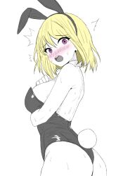  amagappa_(kinketsuamagappa) animal_ear_hairband animal_ears bang_dream! bang_dream!_it&#039;s_mygo!!!!! blonde_hair blush breasts commentary_request fake_animal_ears fake_tail female hairband highres large_breasts leotard medium_hair misumi_uika open_mouth partial_commentary playboy_bunny purple_eyes rabbit_ears rabbit_tail solo strapless strapless_leotard tail teeth upper_teeth_only 